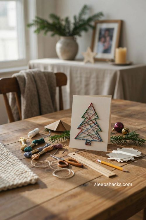 String art Christmas tree card for kids with embroidery floss stitched tree and easy handmade holiday craft 