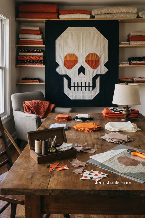 Strip pieced skull quilt block with orange black fabric and bold solid background