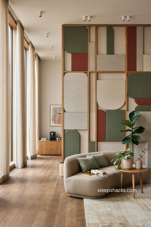 Stylish acoustic panels in modern corporate office with warm textured decor and greenery
