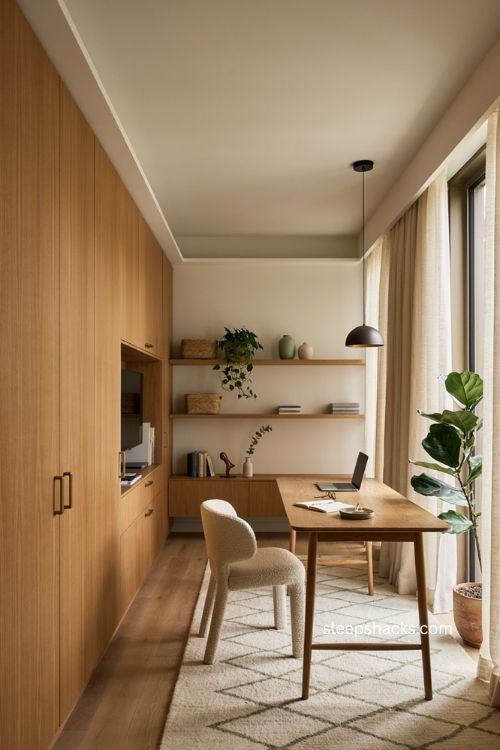 Stylish functional storage in modern corporate office with wood cabinetry floating shelves and baskets