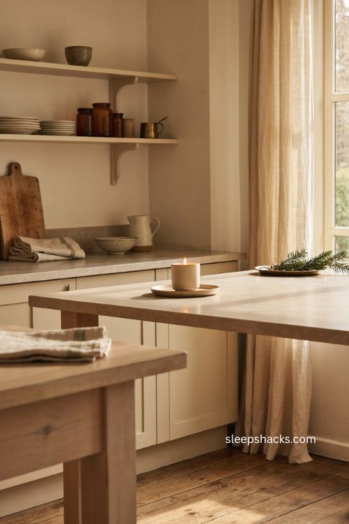 Subtle evergreen scented candle on neutral Christmas kitchen counter 
