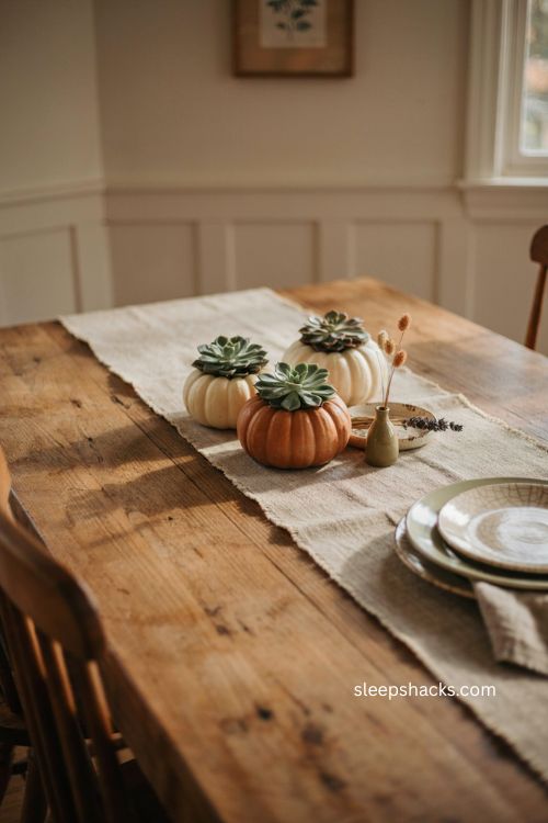 Succulent pumpkin planters in a cozy autumn table centerpiece 