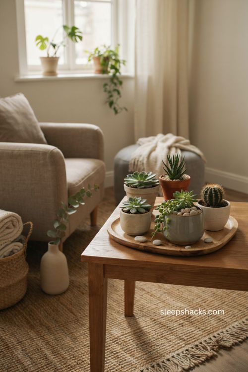 Succulents on a wooden side table in a calming therapy office with clay pots 