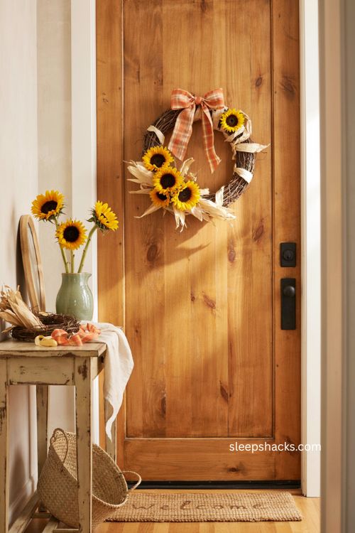 Sunflower and corn husk wreath Thanksgiving door decor with yellow flowers and orange plaid bow 