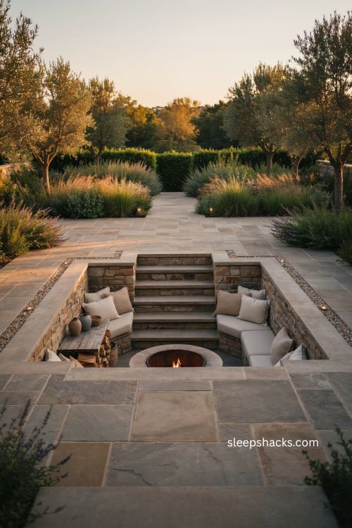Sunken conversation pit with fire pit and cozy outdoor living room seating 