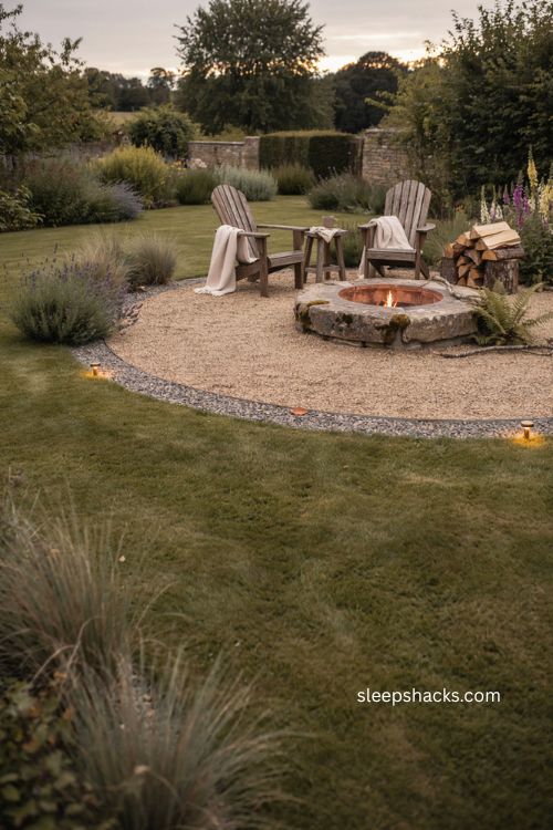 Sunken in ground fire pit ideas with rustic stone and natural backyard landscaping 