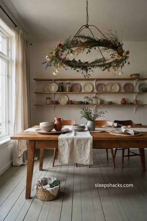 Suspended floral chandelier Thanksgiving centerpiece with rosemary lavender greenery and dried flowers 