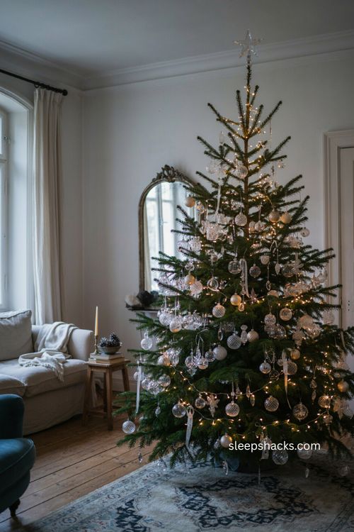 Swarovski christmas tree with sparkling crystal ornaments warm white lights and elegant winter decor 