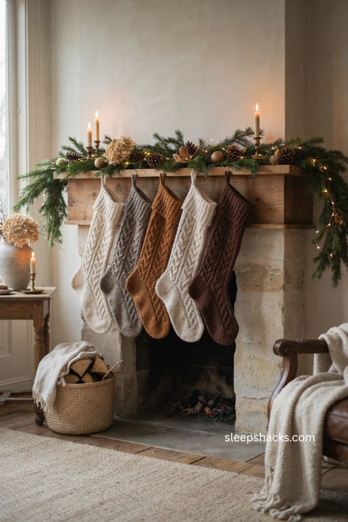 Sweater knit Christmas stockings in cream tan and brown clustered on a cozy mantel