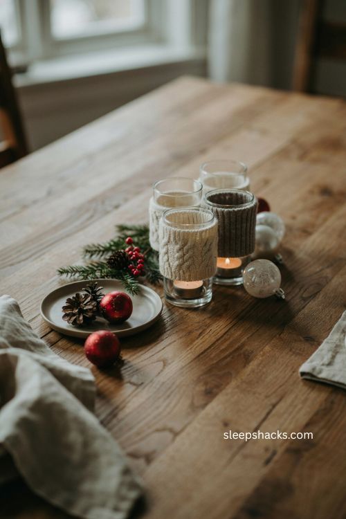 Sweater wrapped votive candles cozy Christmas table centerpiece 