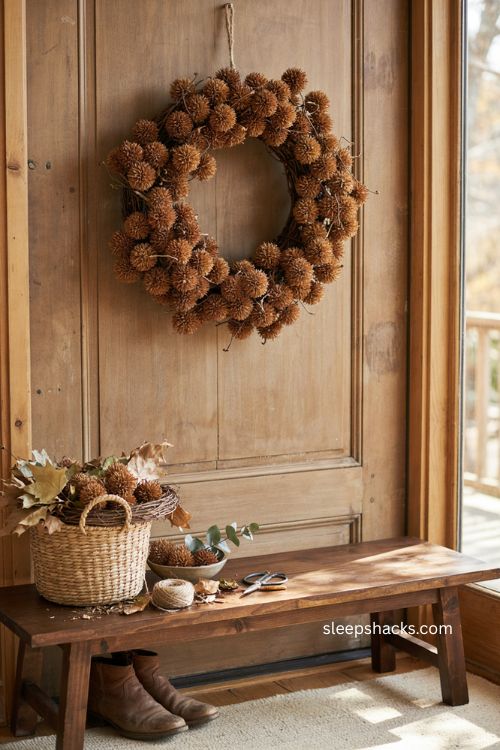 Sweetgum seed pod wreath Thanksgiving decor with rustic foraged natural fall texture 