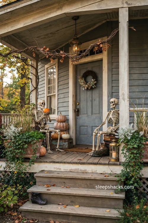 Symmetrical skeleton porch with vintage pumpkins overgrown greenery and hidden witch boot Halloween decor