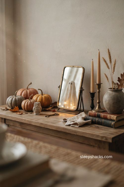 Tabletop ghost mirror with timer lights pumpkins dried leaves and cozy Halloween vignette
