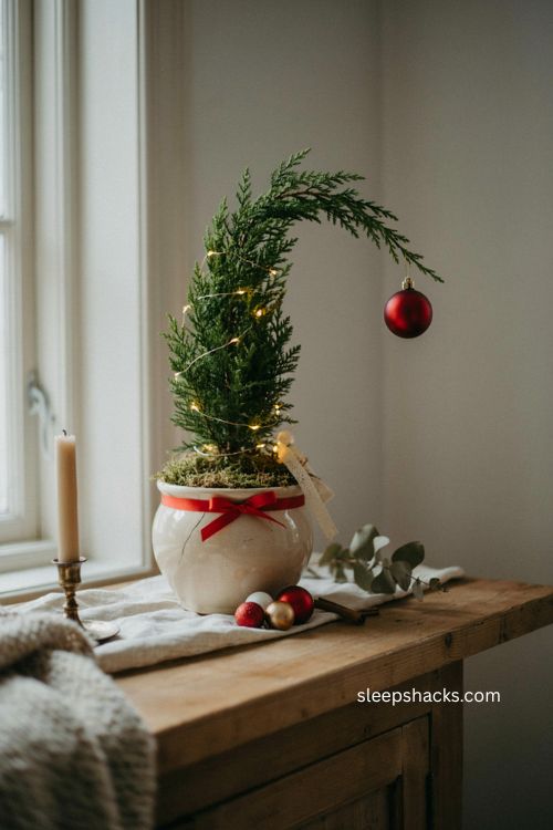 Tabletop potted grinch tree with moss lights red ornament and festive bow