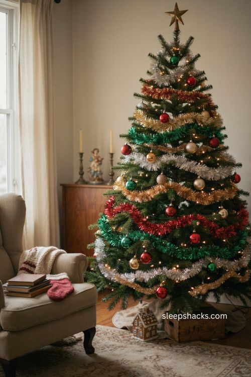 Eye-level editorial interior shot of a beautifully understated vintage Christmas tree in a warm old-world living room, with delicate strands of antique-style heavy metal tinsel woven selectively throughout the branches alongside softer traditional tinsel, emphasizing the distinctive weight, texture, and graceful drape of the metallic strands, creating an authentic heirloom holiday atmosphere that feels discovered and preserved rather than newly purchased, old-world European Christmas style with early to mid-20th-century vintage character, aged silver, tarnished pewter, antique gold, deep evergreen, warm ivory, faded cranberry, walnut brown, and muted beige tones, sparse accents of heavier antique lead-look metal tinsel hanging naturally in slightly uneven lengths among traditional fine silver strands, vintage glass ornaments with gently aged surfaces, warm-white string lights, a simple antique tree topper, worn wooden furniture, old brass candlesticks, handmade ceramic vessels, faded linen textiles, and subtly distressed holiday pieces collected over decades, soft unhurried winter daylight filtering through tall windows and catching the heavier metallic strands so their distinct drape and muted patina are clearly visible, with a gentle warm glow from the tree lights adding depth while every strand, ornament, branch, and surrounding surface remains crisp and sharply defined, creating soft colors that change the mood instantly, old textures that add warmth and depth, and simple details that create lasting charm, no people, no text, no watermarks, no blur, no bokeh, all surfaces in sharp focus, photorealistic, 4K resolution, editorial interior photography, Pinterest-worthy