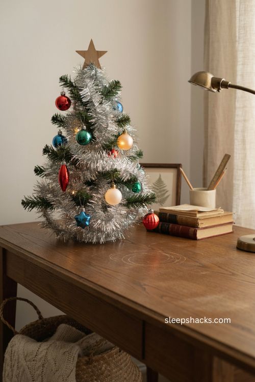 Tabletop tinsel Christmas tree with vintage ornaments and colorful retro lights