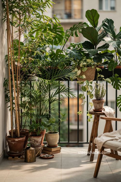 Tall potted plants for natural balcony privacy with layered greenery 