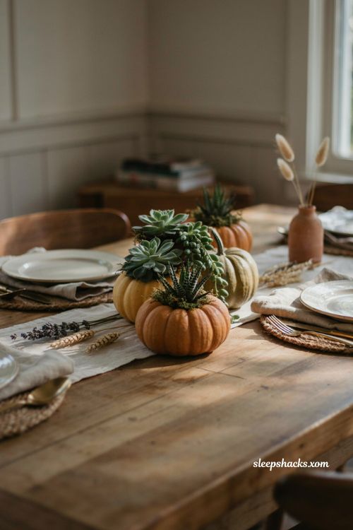 Taper candle Thanksgiving table centerpiece with warm glowing candles and neutral linen decor 