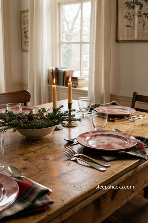 Tartan napkins and red white plates on a cozy Christmas table 
