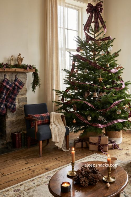 Tartan ribbon and plaid bows for cozy traditional christmas decor 