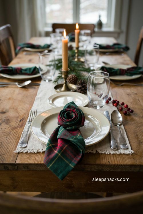 Tartan rose napkin folding idea for a cozy Christmas table 
