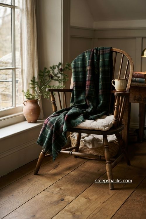 Tartan wool Christmas throw on cozy reading chair by window 
