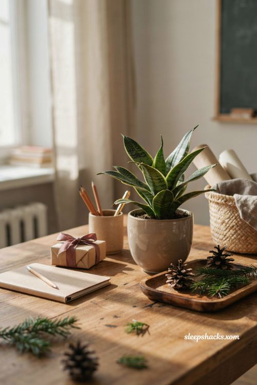 Teacher Christmas gift low maintenance plant and simple planter idea