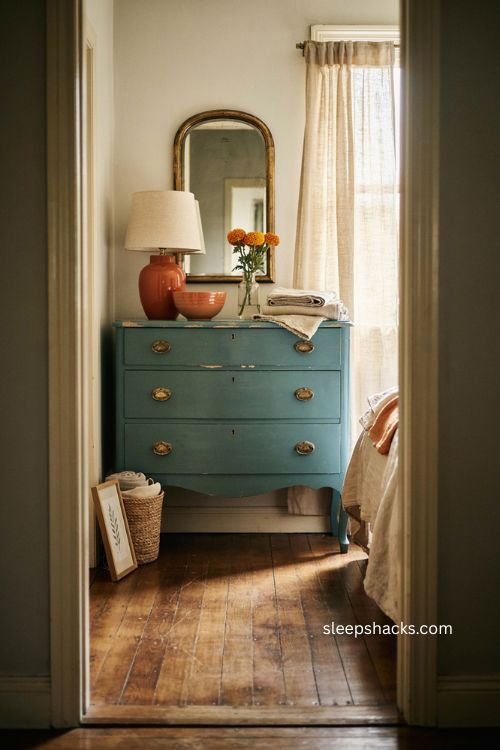 Teal vintage dresser with orange accents in a cozy bedroom