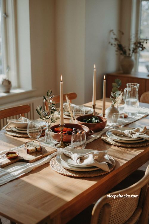 Terra cotta Thanksgiving table with cream stoneware earthy tones and brass accents