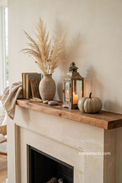 Textural neutral fall mantel with rustic lantern ceramic pumpkin pampas grass and books