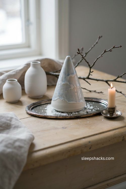 Snow dusted white glaze ceramic christmas tree with frosted winter display
