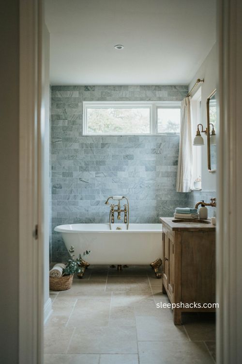 Textured blue marble look tile shower with clawfoot tub in a calming traditional bathroom 