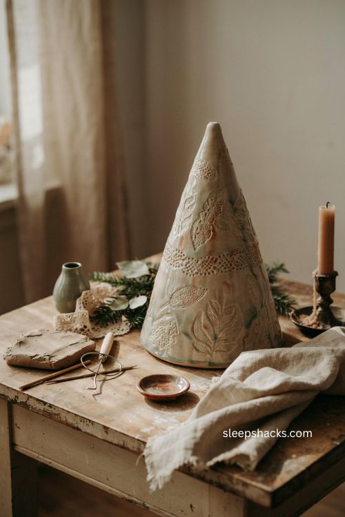 Textured lace and leaf pottery christmas tree with delicate handmade ceramic patterns