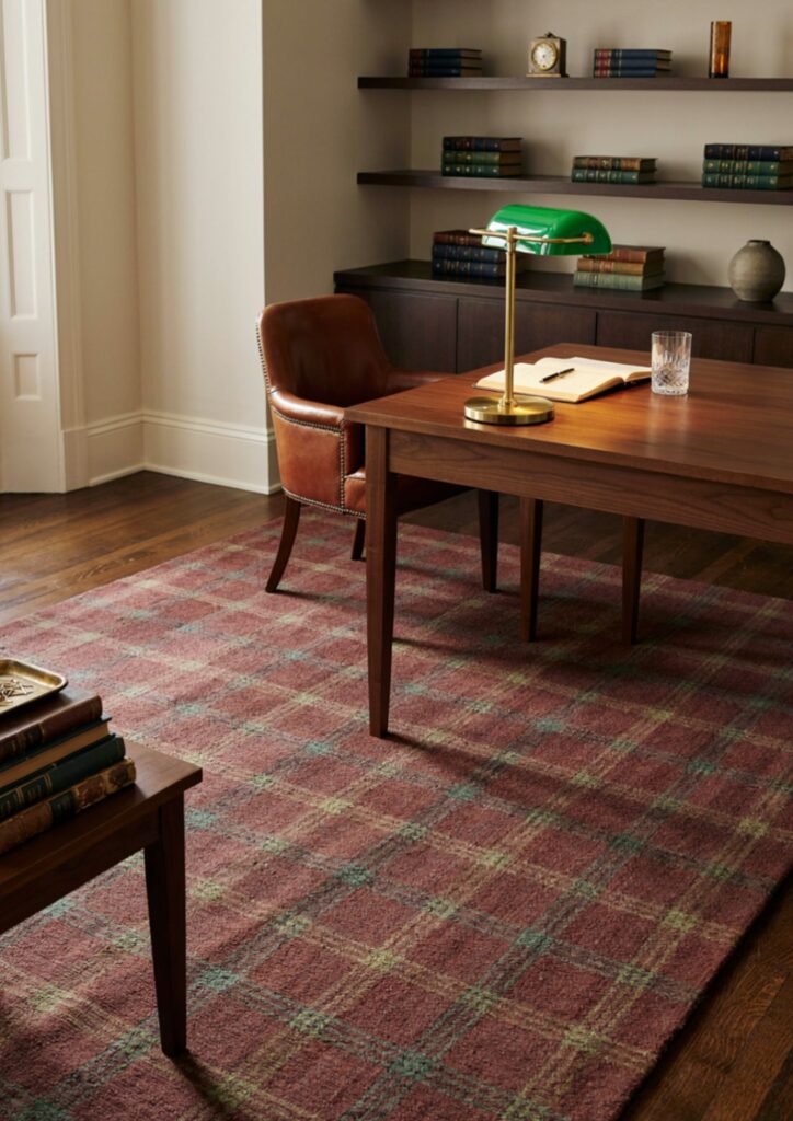 Textured navy wool rug grounding a sophisticated mens home office 