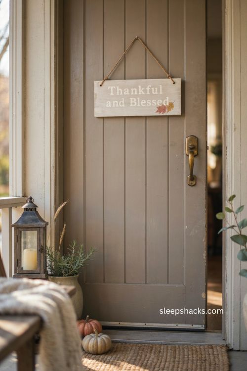 Thankful and blessed stencil sign with wood plank and simple Thanksgiving porch decor 