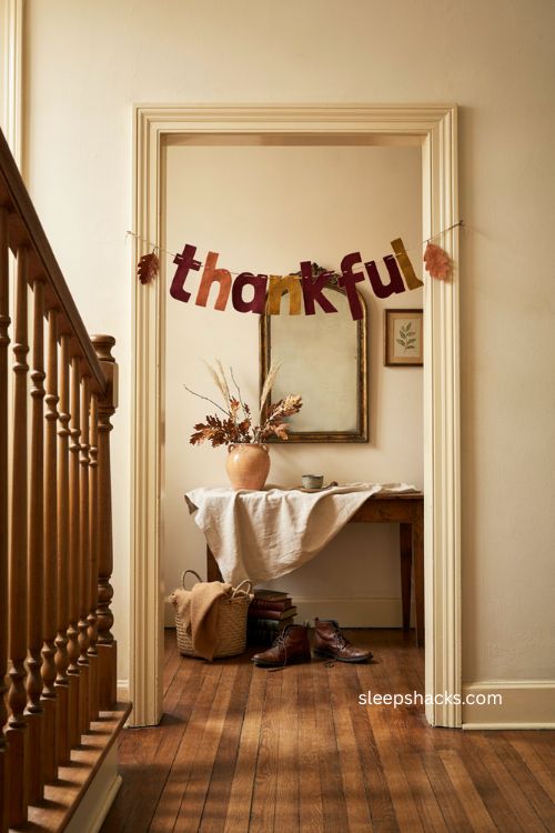 Thankful felt word banner in burgundy and mustard over a cozy Thanksgiving doorway

