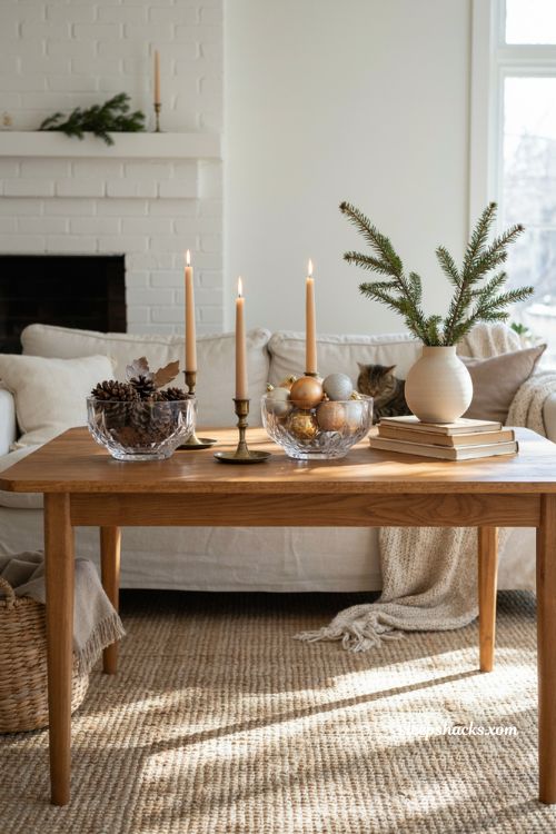 Thanksgiving Christmas decor coffee table with crystal bowls and ornaments