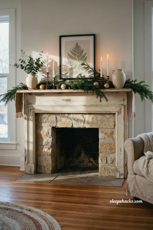 Thanksgiving Christmas decor mantel with greenery metallic ornaments and white candles