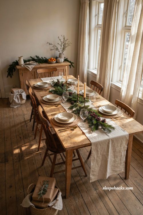 Thanksgiving Christmas decor transition with neutral dining room and evergreen accents