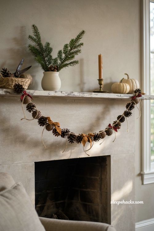 Thanksgiving Christmas decor with DIY pinecone garland and swappable ribbon