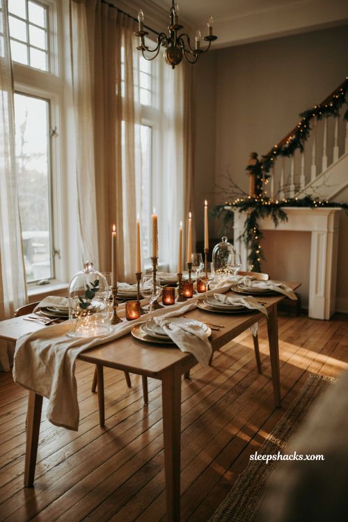 Thanksgiving Christmas decor with cozy candles votives and warm fairy lights