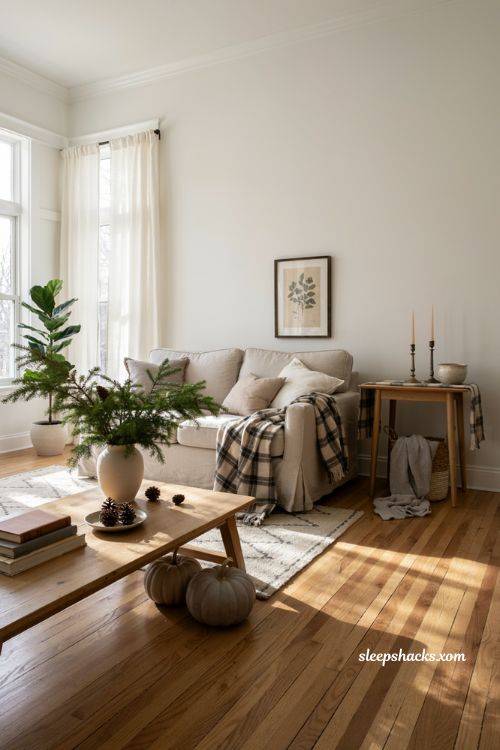 Thanksgiving Christmas decor with muted plaid textiles and evergreen accents