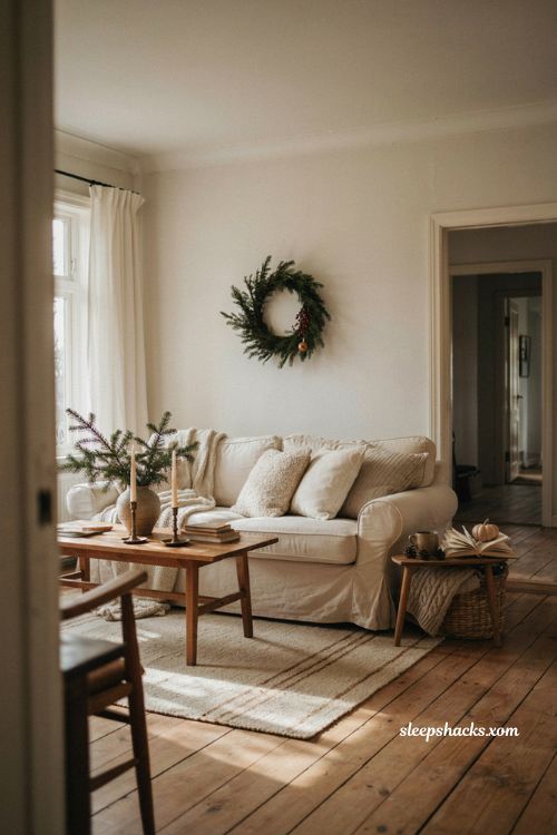 Thanksgiving Christmas decor with neutral cream textiles and cozy layered throws