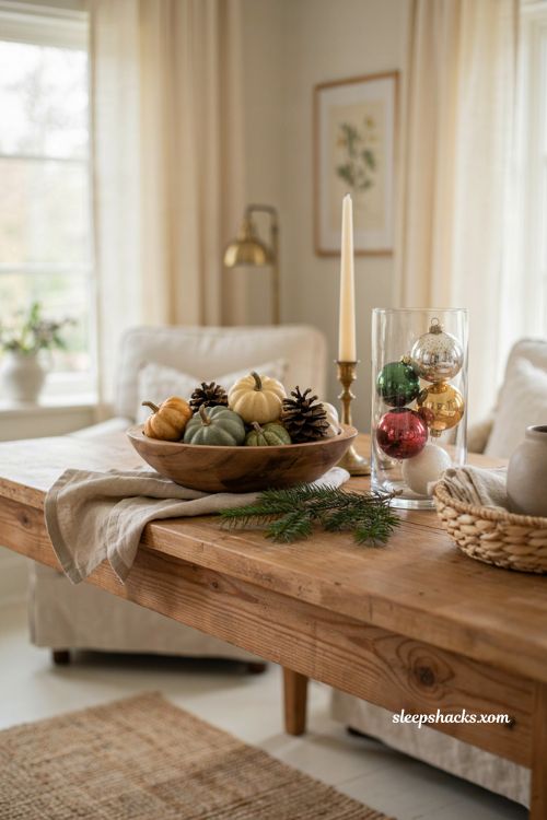 Thanksgiving Christmas decor with wooden bowls glass vessels and seasonal ornaments