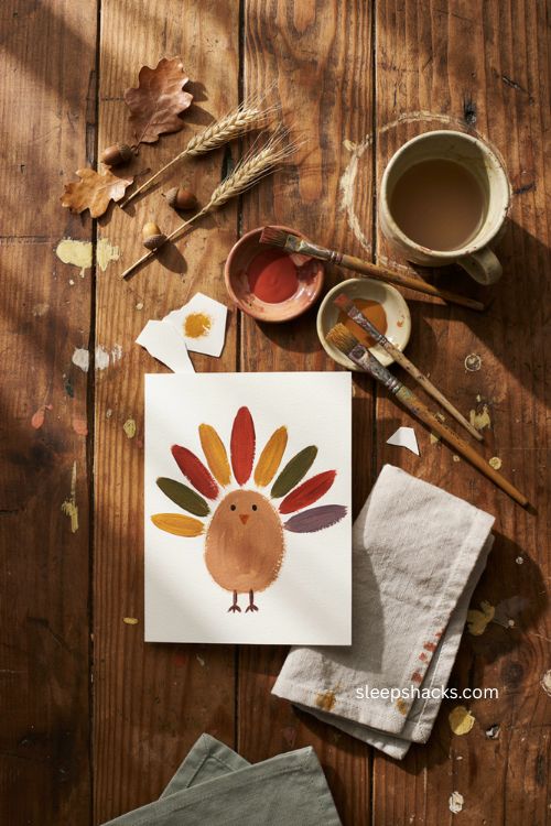 Thanksgiving baby handprint turkey card craft with colorful feathers 