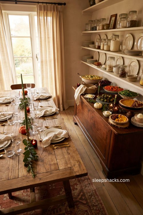 Thanksgiving buffet sideboard with organized side dishes bread basket and dessert spread 