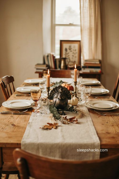 Thanksgiving centerpiece ideas with antique gold turkey figurine and vintage decor