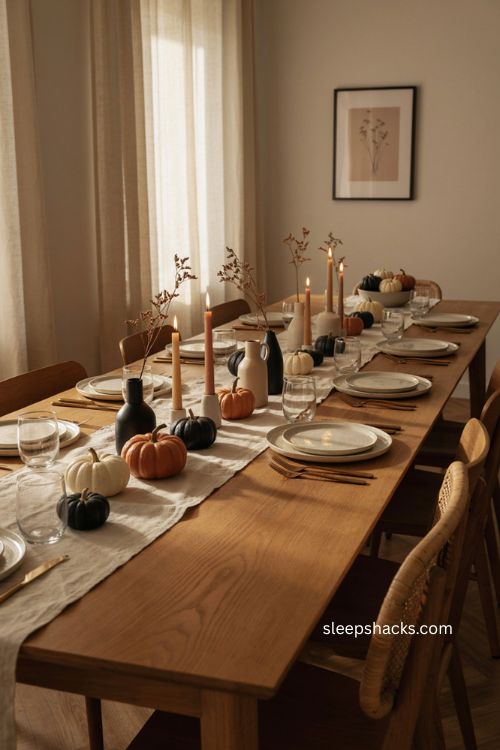 Thanksgiving centerpiece ideas with black cream and terracotta pumpkins and candles