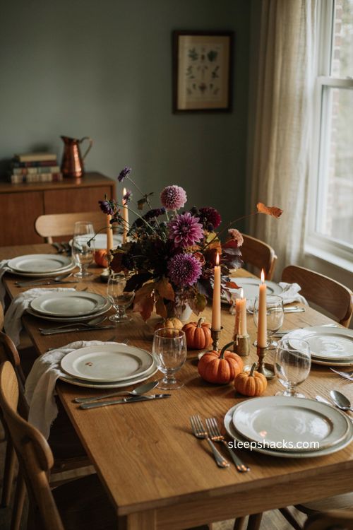 Thanksgiving centerpiece ideas with deep purple dahlias burgundy foliage and autumn accents