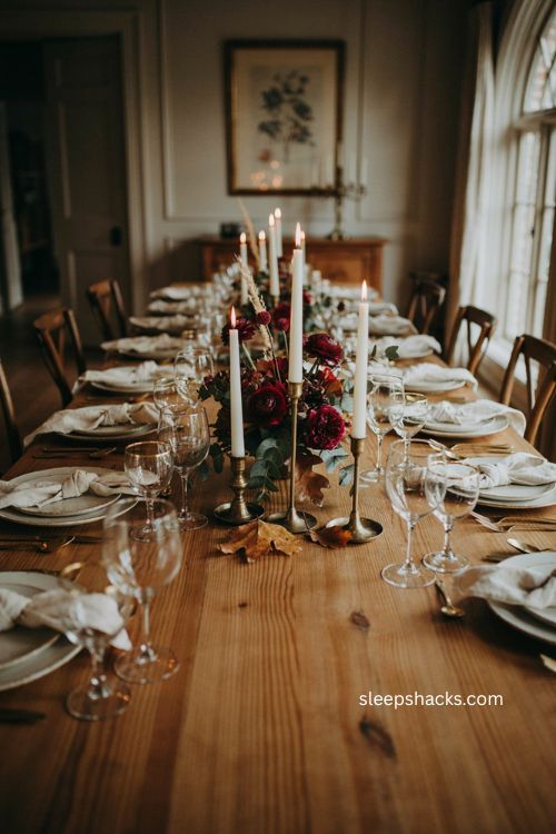 Thanksgiving centerpiece ideas with deep red flowers white candles and gold accents